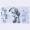 Pencil sketches of animated characters on a light blue background