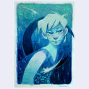 Artistic depiction of a character with white hair and blue glowing aura on a light blue background. Glitter decorates the background and the character's dress.