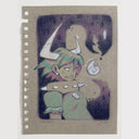 Illustration of a character with green hair and horns standing in front of a smokey creature on a textured beige background