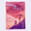 Colored pencil illustration of a character standing on a mountain with a large Godzilla in the sky, stylized in purple and pink tones.