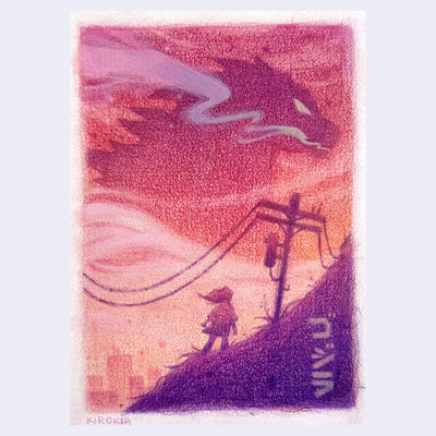 Colored pencil illustration of a character standing on a mountain with a large Godzilla in the sky, stylized in purple and pink tones.