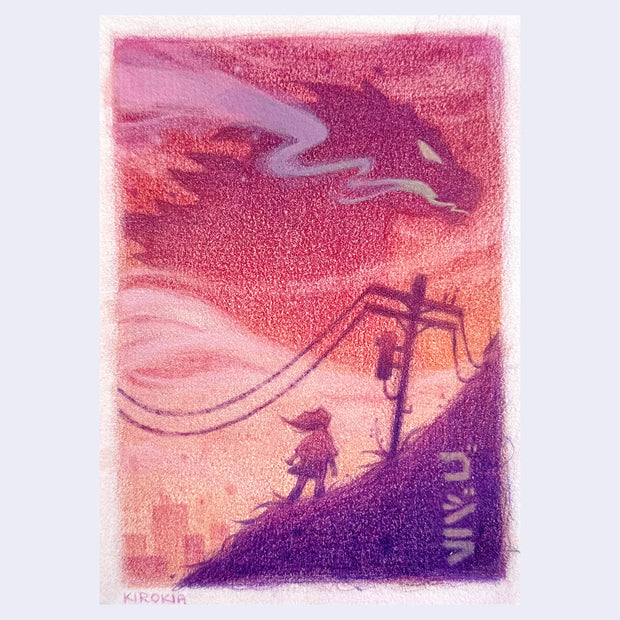 Colored pencil illustration of a character standing on a mountain with a large Godzilla in the sky, stylized in purple and pink tones.