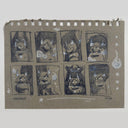 8 loosely rendered thumbnails of a girl with horns on beige paper.
