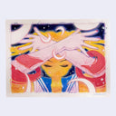 Mixed media painting of a stylized Sailor Moon, her skin all yellow as if a light energy, with her hands crossed over one another in a pose of transformation or power.