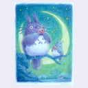 Illustration of Totoro sitting on a branch and playing a wood instrument with a tinier Totoro next to him. A large moon is in the background.