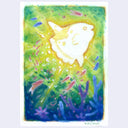 Colorful mixed media illustration of a sunfish, glowing like a real sun in the ocean, illuminating the fish and coral around it.