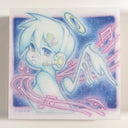 Illustrated character with angelic features and musical notes in a colorful, stylized setting.