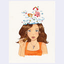 Watercolor illustration of a girl with brown hair, blue eye shadow and an orange top. She holds a mini treasure chest and atop her head are fluffy clouds with colorful stars. Floating down with an umbrella is Kirby and a Waddle Dee.