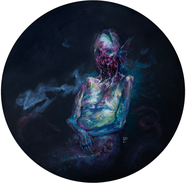 Painting on dark blue circle panel of a decrepit, decomposing person with a fish fin coming out of the side of its head. It's face is almost completely rotted, with mainly only purplish flesh dripping down.
