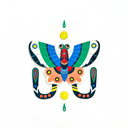 Die cut, brightly painted wooden sculpture of a kite butterfly, with blue, white and green striped top wings. Its bottom wings are peach colored with yellow dots and have 2 tails coming out, with colorful patterning. Atop and below are a small yellow sun and green water droplet.
