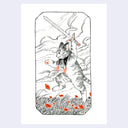 Black line art illustration with subtle orange color accents. A cat holds a sword and runs through a field of orange poppies. 