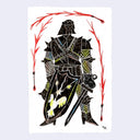 Colored pencil sketch of an armored knight, holding a shield and a sword.