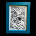 A framed black ink illustration of a nautiloid squid creature underwater with different sea creatures and coral, on white paper, set within a bright turquoise blue frame against a black background.
