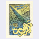 An art print featuring a whimsical underwater scene with a large yellow squid creature, a blue fish, and marine life, printed on an off-white sheet against a light lavender background. The artist's signature 'MUKAI' is visible in the bottom right corner of the artwork.