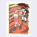 A vintage-style illustrated art print showing two girls outdoors holding hands: one roller skating in pink and white, and one skateboarding on an orange ground while holding a red umbrella. The print has a cream border and is signed by the artist.