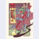 A stylized illustrated figure in a kimono holding a large ink brush, with a green watermelon-like head, blue fish-patterned arms and legs and sandals. Behind it is a red spider holding a fish-themed artist scroll.