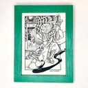 A framed black and white hand-drawn illustration featuring a whimsical character with a watermelon head and a very big ink brush, set within a bright green wooden frame.