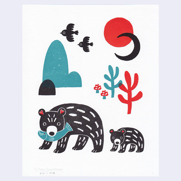 Letterpress with blue, red and black ink of a set of bears, one holds a fish in its mouth. Behind are simplistic forest motifs such as mountains, trees, birds and a moon.