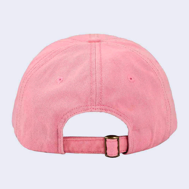 Back of pink cotton hat, with buckle adjustment closure.