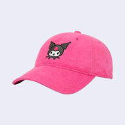 Pink terry cloth fabric hat with an embroidered graphic of Kuromi's head in the center.