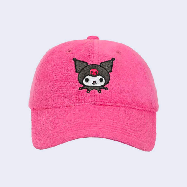 Pink terry cloth fabric hat with an embroidered graphic of Kuromi's head in the center.
