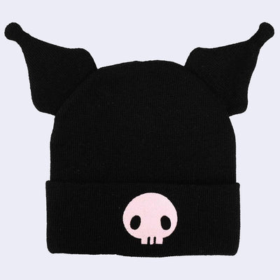 Black beanie made to look like Kuromi's hat. It has matching 3D ears and a pink embroidered skull on the front.