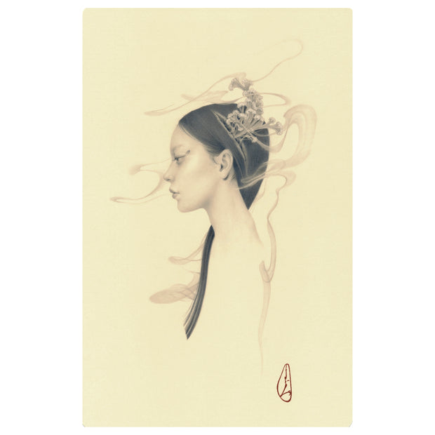 Softly rendered graphite illustration on cream colored paper of a girl, looking off to the side. Mushrooms grow out her head with smoke.