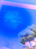 Close up glowing detail of Japanese text on a print.