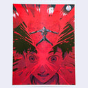 A vertical art print featuring a bold red and black anime-style illustration of a distressed boy, with his head splitting open dramatically and a mech suit pushing it apart. Inside his head are many anime girl's smiling faces.