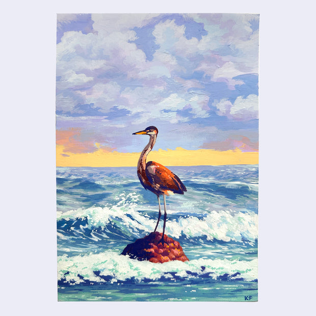 Landscape painting of the ocean, seen with crashing waves and under an orange sky with many fluffy purple clouds. Standing atop of a rock is a sea bird with a long neck and large body.