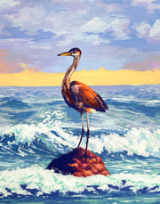 Landscape painting of the ocean, seen with crashing waves and under an orange sky with many fluffy purple clouds. Standing atop of a rock is a sea bird with a long neck and large body. Close up.