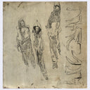 A monochrome sketch on aged beige paper showing three loosely drawn human figures and several abstract curved line forms, presented against a white border.