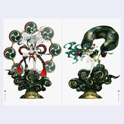Two illustrated characters on decorative platforms with intricate designs.
