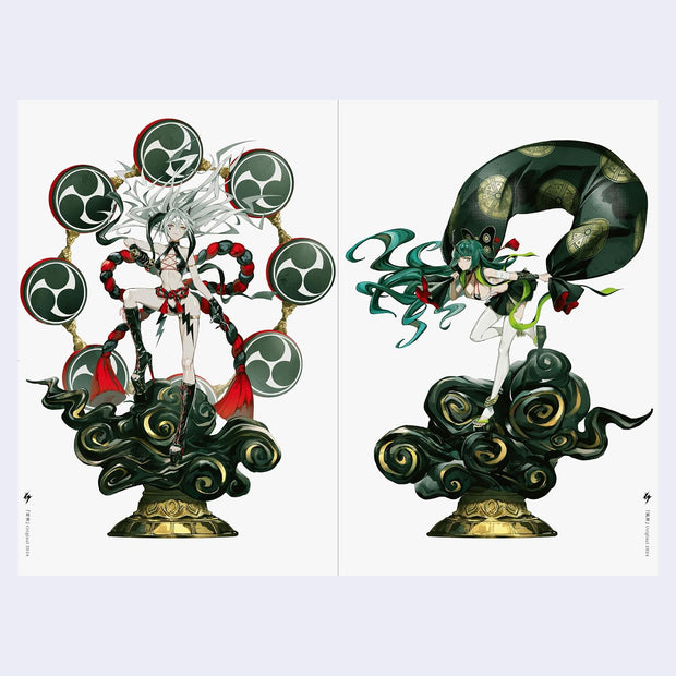Two illustrated characters on decorative platforms with intricate designs.