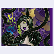 Artistic illustration of a character with dark hair and green eyes, surrounded by snakes and abstract patterns on a purple background.