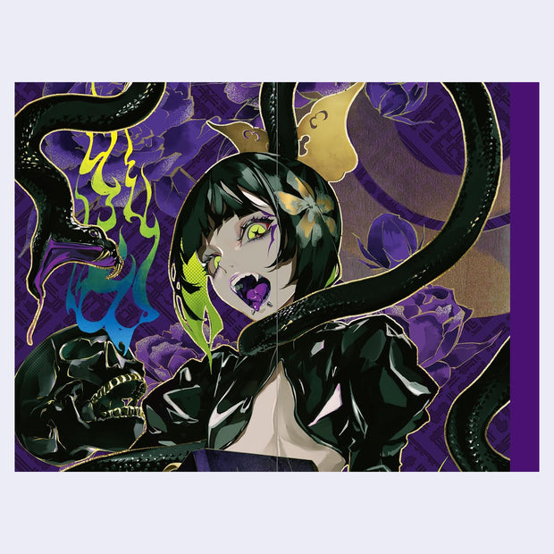 Artistic illustration of a character with dark hair and green eyes, surrounded by snakes and abstract patterns on a purple background.