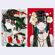 Two illustrated characters with stylized hair and accessories, one with koi fish and the other with flowers.