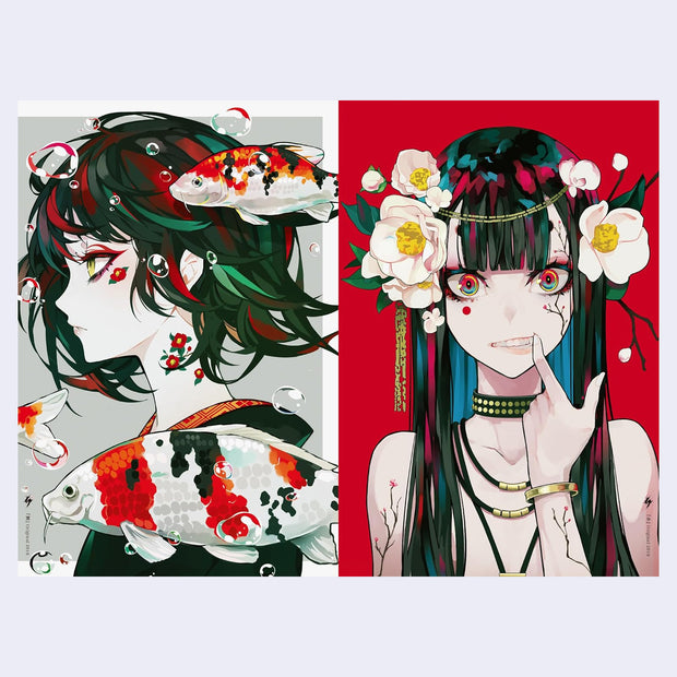 Two illustrated characters with stylized hair and accessories, one with koi fish and the other with flowers.