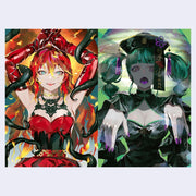 Two animated characters with distinct styles and colors on a white background.