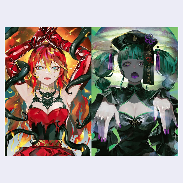Two animated characters with distinct styles and colors on a white background.