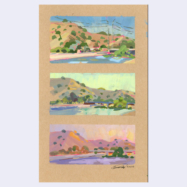 Triptych of plein air paintings, each depicting seemingly the same hillside landscape with green bushes at different times of day, with various sky colors.