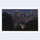 An impressionistic painting of a city skyline at night, viewed from behind dark silhouetted trees. The buildings are rendered in dark blue, purple, and black tones with scattered warm yellow, orange, and red window lights.