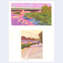 Two small landscape paintings on white paper, displayed vertically on a light background. The top painting shows a bridge over water with pink, purple, green, and blue tones.