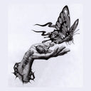 Highly rendered greyscale sketch of a hand, with a caterpillar crawling out its wrist. A cocoon sits in its palm and a large butterfly flies over it. 