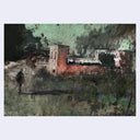 An abstract landscape painting featuring a reddish-brown building, dark textured brushstrokes, and a pale green sky, presented on a light gray background.