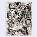 Sketch of many characters, all gathered around a table with a carton of milk on it. Characters are cartoon in style.