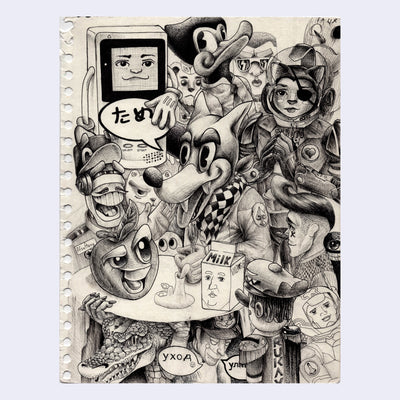 Sketch of many characters, all gathered around a table with a carton of milk on it. Characters are cartoon in style.