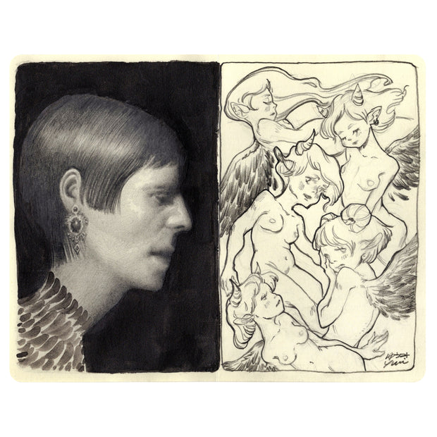 Graphite sketch of two different subjects on cream colored paper. Subjects include a portrait of a short hair woman, looking to the right. Other include several nymphs.