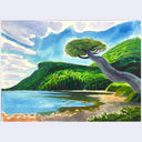 A colorful landscape painting featuring a large green tree with a curved trunk, a blue lake, green hills, and a sandy shore under a cloudy sky.