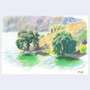 A pastel or crayon landscape drawing showing trees by a body of water with a grassy hillside and distant mountains, rendered in green, blue, yellow, and purple tones on a white paper background.